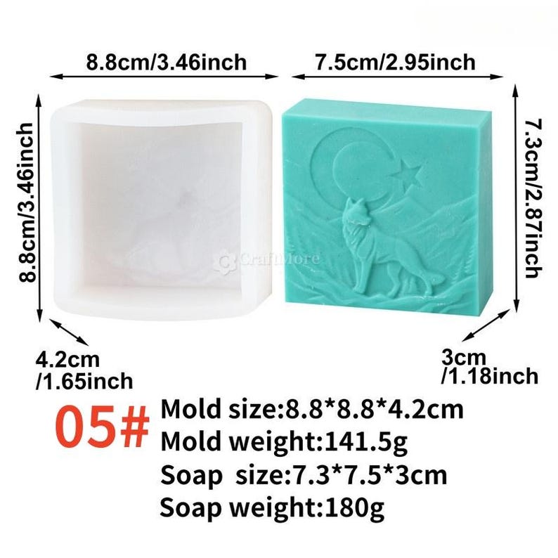 May include: A white silicone mold next to a teal soap bar. The soap features a wolf howling at the moon design. The mold is 3.46 inches wide and tall, and 1.65 inches deep. The soap is 2.95 inches wide, 2.87 inches tall, and 1.18 inches deep.