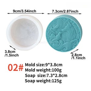May include: Two round soap molds. One is white and empty, the other is teal and filled with a fox and bird design. The mold sizes are 3.54 inches by 1.5 inches. The soap size is 2.87 inches by 1.1 inches. The mold weight is 100g, and the soap weight is 125g.