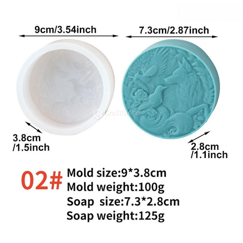 May include: Two round soap molds. One is white and empty, the other is teal and filled with a fox and bird design. The mold sizes are 3.54 inches by 1.5 inches. The soap size is 2.87 inches by 1.1 inches. The mold weight is 100g, and the soap weight is 125g.