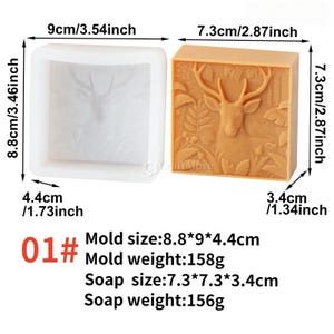 Pode incluir: Um molde de silicone branco e uma barra de sab&atilde;o acabada. A barra de sab&atilde;o &eacute; castanha clara e apresenta um design detalhado de veado com um fundo de floresta. O molde mede 9 x 8,8 x 4,4 cm. O sab&atilde;o tem 7,3 x 7,3 x 3,4 cm.