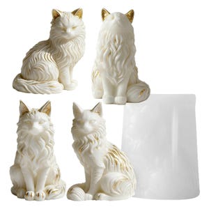 May include: Four white cat figurines with gold accents. The cats are in various seated poses, with detailed fur textures and golden ears. A white, cone-shaped mold is also present. The figurines are likely decorative items.