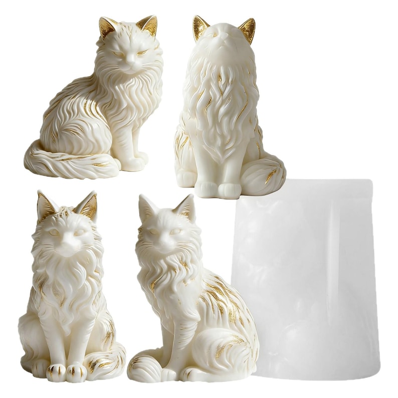 May include: Four white cat figurines with gold accents. The cats are in various seated poses, with detailed fur textures and golden ears. A white, cone-shaped mold is also present. The figurines are likely decorative items.
