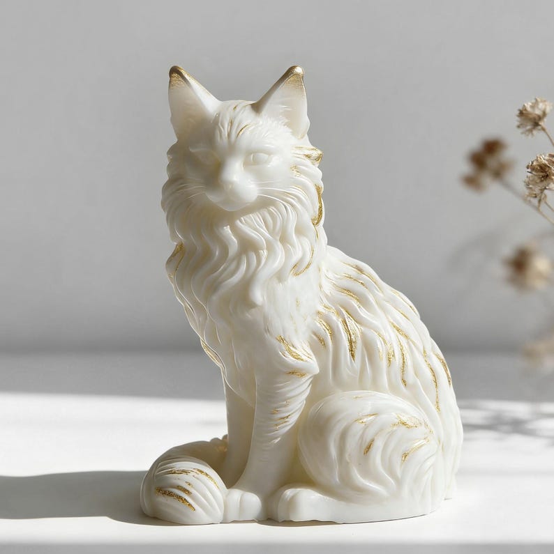 May include: A white cat figurine with gold accents. The cat is in a seated position with its tail curled around its paws. The figurine has detailed fur and gold highlights on the ears and fur.