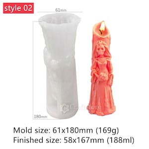 May include: A white silicone mold for making a candle shaped like a skeleton bride. The mold is 6.1 inches tall and 7.1 inches wide. The finished candle is 5.8 inches tall and 6.6 inches wide. The candle is pink and has a flame on top.