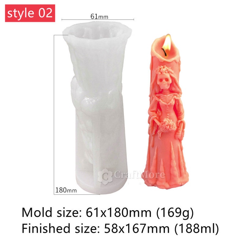 May include: A white silicone mold for making a candle shaped like a skeleton bride. The mold is 6.1 inches tall and 7.1 inches wide. The finished candle is 5.8 inches tall and 6.6 inches wide. The candle is pink and has a flame on top.