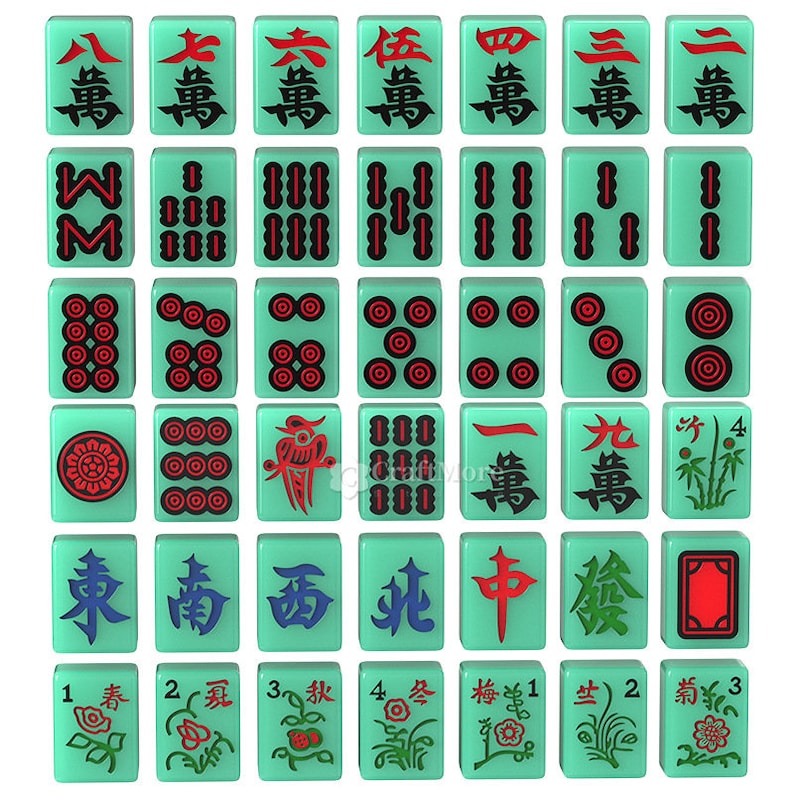 May include: A set of 36 green mahjong tiles with various Chinese characters and symbols. The tiles are arranged in rows and columns, with the numbers 1 through 4 visible at the bottom of the image.