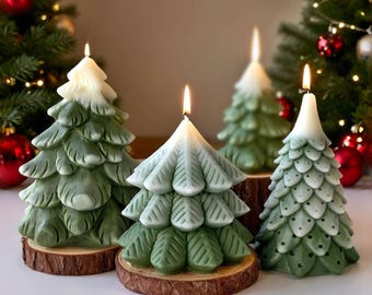 May include: Four lit, green Christmas tree-shaped candles with white tips, each on a small wooden base. The candles vary in design, with detailed textures. Festive holiday decor.