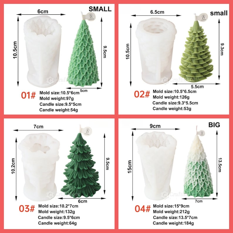May include: Four different sizes of silicone candle molds for making Christmas tree candles. The molds are white and the candles are green and white. The molds are labeled with numbers 01 through 04 and the sizes are labeled "small" and "big".