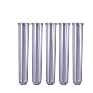 May include: Five clear plastic test tubes, all the same size and shape, standing upright in a row.