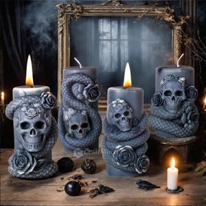 May include: Four gray pillar candles with skull and snake designs, adorned with roses. The candles are lit, casting a warm glow. The candles are on a wooden surface, with a dark, gothic-themed background.