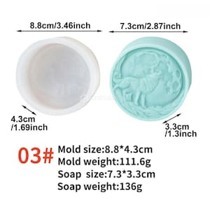 May include: Two silicone molds are shown. One is white and round, measuring 3.46 inches by 1.69 inches. The other is light blue, round, and features a wolf design. The soap mold is 2.87 inches by 1.3 inches. The text reads "03#" and provides mold and soap size and weight.