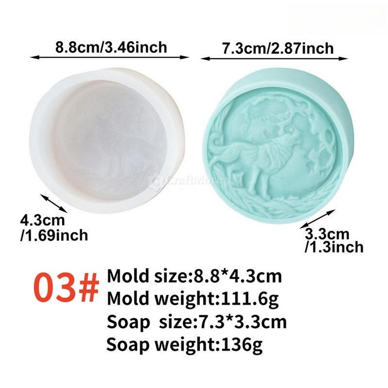 May include: Two silicone molds are shown. One is white and round, measuring 3.46 inches by 1.69 inches. The other is light blue, round, and features a wolf design. The soap mold is 2.87 inches by 1.3 inches. The text reads "03#" and provides mold and soap size and weight.