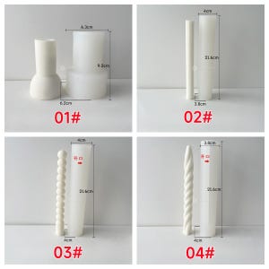 May include: Four white silicone candle molds. The molds are labelled 01#, 02#, 03#, and 04#. Each mold has a different shape and size, with measurements in centimetres. The molds are designed for making candles.