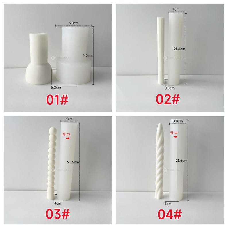 May include: Four white silicone candle molds. The molds are labelled 01#, 02#, 03#, and 04#. Each mold has a different shape and size, with measurements in centimetres. The molds are designed for making candles.