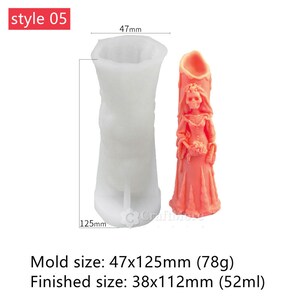 May include: A white silicone mold for making a candle shaped like a skeleton bride. The mold is 4.7 inches tall and 4.9 inches wide. The finished candle is 3.8 inches tall and 4.4 inches wide.