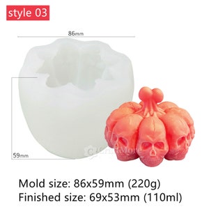 May include: A white silicone mold for making a skull pumpkin. The mold is 86mm by 59mm and the finished product is 69mm by 53mm. The mold is shown next to a finished skull pumpkin made from a red material.