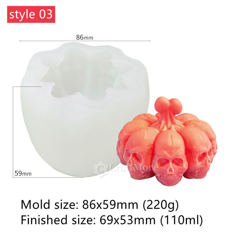 May include: A white silicone mold for making a skull pumpkin. The mold is 86mm by 59mm and the finished product is 69mm by 53mm. The mold is shown next to a finished skull pumpkin made from a red material.