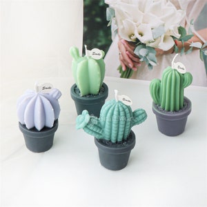 Könnte beinhalten: Vier kaktusförmige Kerzen in verschiedenen Grün- und Lilatönen, jeweils in einem dunkelgrauen Topf. Jede Kerze hat ein kleines weißes Etikett mit der Aufschrift "smile".