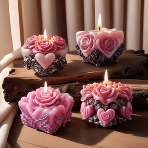 May include: Four lit, pink rose-shaped candles with heart and floral accents. The candles are arranged on a wooden surface, with a neutral background. The candles have a romantic and decorative theme.