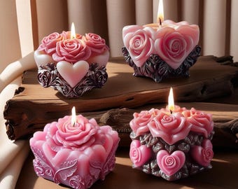 May include: Four lit, pink rose-shaped candles with heart and floral accents. The candles are arranged on a wooden surface, with a neutral background. The candles have a romantic and decorative theme.