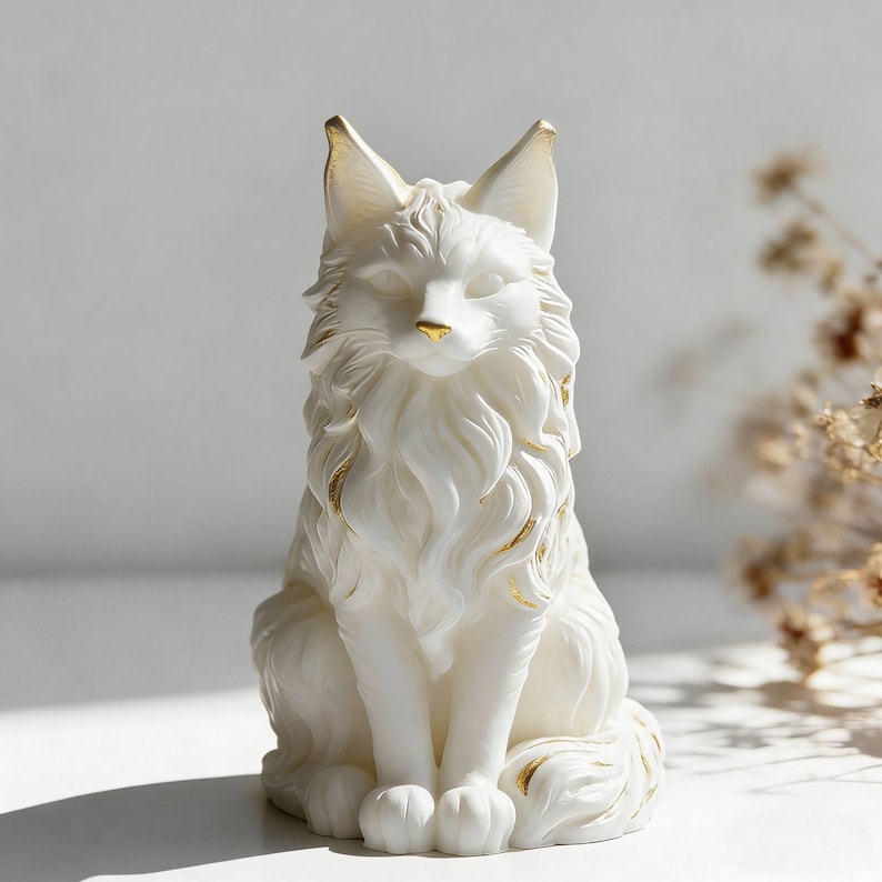 May include: A white fox figurine with gold accents. The fox is sitting upright with its paws together. The figurine has detailed fur and a gold nose and ear tips. The fox is a decorative item.
