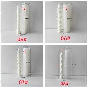 May include: Four images displaying white candle moulds and finished spiral candles. Each image includes a mould and a candle, with measurements in centimetres. The moulds are cylindrical, and the candles have a twisted design. The images are labelled with numbers.