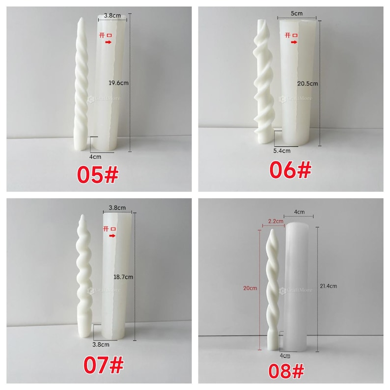 May include: Four images displaying white candle moulds and finished spiral candles. Each image includes a mould and a candle, with measurements in centimetres. The moulds are cylindrical, and the candles have a twisted design. The images are labelled with numbers.