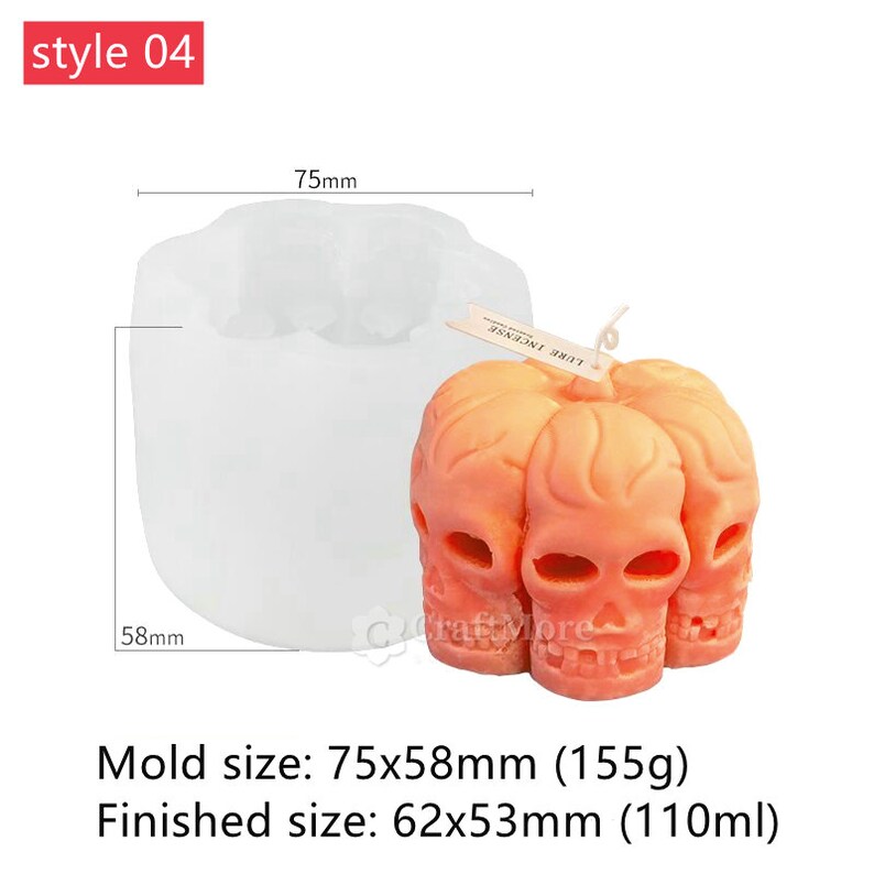 May include: A white silicone mold for making a skull-shaped candle. The mold is 75mm wide and 58mm tall. The finished candle is 62mm wide and 53mm tall.