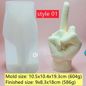 May include: A white silicone mold for making a hand sculpture. The mold is 10.5 inches by 10.4 inches by 19.3 inches and weighs 604 grams. The finished sculpture is 9 inches by 8.3 inches by 18 inches and weighs 586 grams.