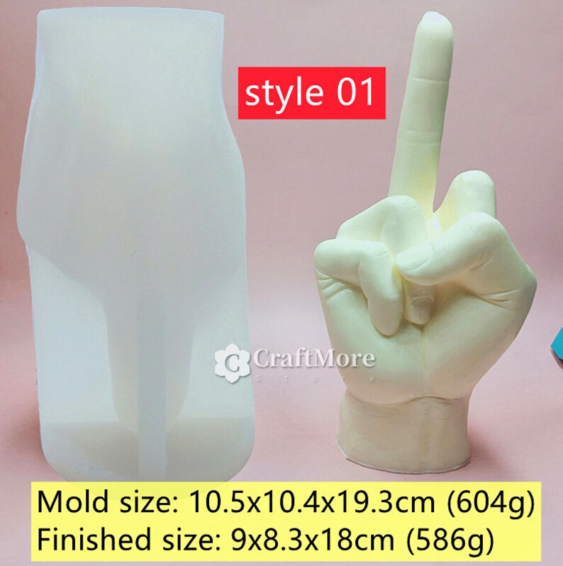 May include: A white silicone mold for making a hand sculpture. The mold is 10.5 inches by 10.4 inches by 19.3 inches and weighs 604 grams. The finished sculpture is 9 inches by 8.3 inches by 18 inches and weighs 586 grams.