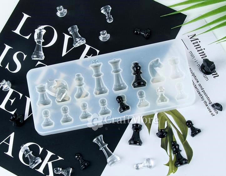 Resiners Moldes De Resina Para Ajedrez – Juego De 25 Piezas Con Molde De Tablero, Fichas Y Polvos De Mica, Incluye Bolsa De Almacenamiento