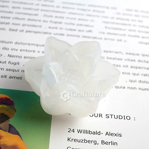 May include: A clear, translucent silicone mold shaped like a flower with five petals. The mold is designed for making decorative items like candles or soap.