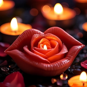 Könnte beinhalten: Eine rote, rosenförmige Kerze mit einer brennenden Flamme, umgeben von anderen brennenden Kerzen. Die Kerze hat ein detailliertes Rosenblatt-Design. Der Hintergrund ist dunkel, mit verschwommenen Lichtern.