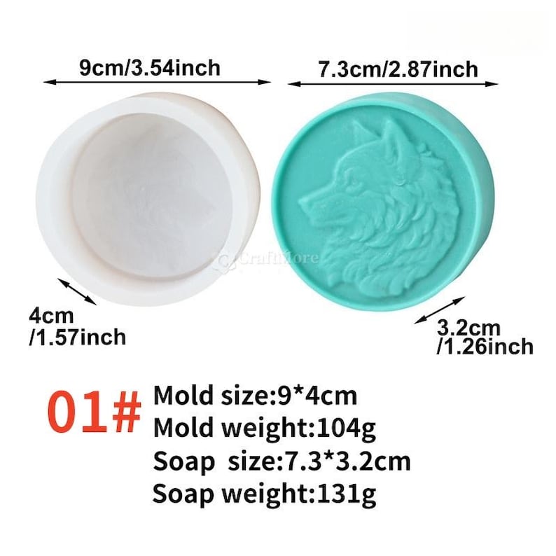 May include: Two silicone molds are shown. One is white and round, measuring 3.54 inches in diameter and 1.57 inches deep. The other is teal, round, and features a wolf design, measuring 2.87 inches in diameter and 1.26 inches deep. The text reads "01# Mold size:9*4cm Mold weight:104g Soap size:7.3*3.2cm Soap weight:131g".