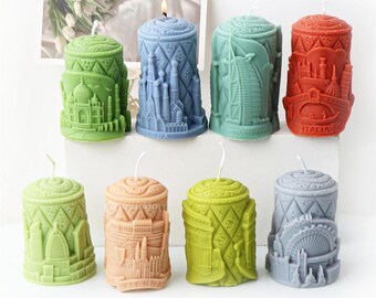 Embossed Building Pillar Candle Silicone Mold-Scented Candle Mold-City buildings Pattern Pillar Candle Mould-Cylinder Beeswax Candle Molds
