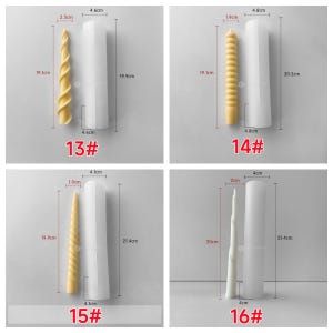 May include: Four candle molds with candles. The candles are various shapes, including a spiral, a ribbed design, and a tapered shape. The molds are white and cylindrical. The candles are approximately 19-21 cm tall. The numbers 13, 14, 15, and 16 are printed on the bottom.