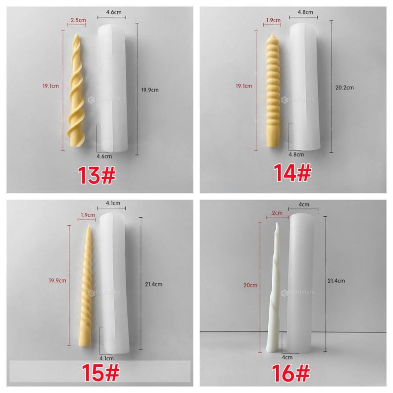 May include: Four candle molds with candles. The candles are various shapes, including a spiral, a ribbed design, and a tapered shape. The molds are white and cylindrical. The candles are approximately 19-21 cm tall. The numbers 13, 14, 15, and 16 are printed on the bottom.