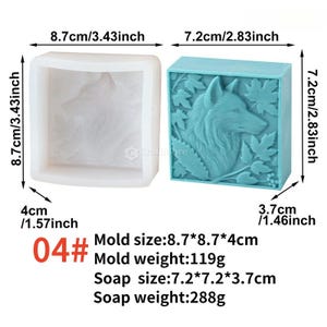 May include: A clear silicone mold and a finished blue soap. The mold is a square shape, 3.43 inches wide, with a wolf design. The soap is 2.83 inches wide, with a detailed wolf and leaf design. The text reads "04# Mold size: 8.7*8.7*4cm".