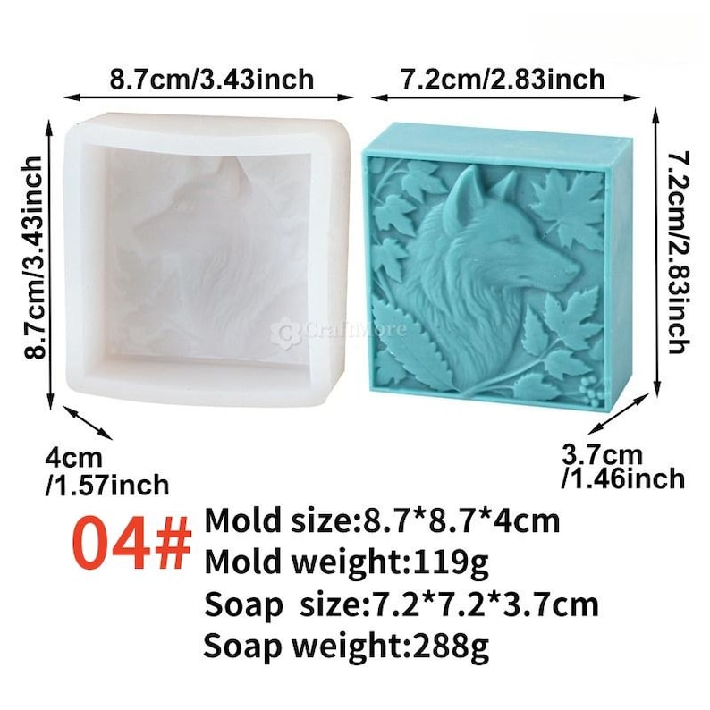 May include: A clear silicone mold and a finished blue soap. The mold is a square shape, 3.43 inches wide, with a wolf design. The soap is 2.83 inches wide, with a detailed wolf and leaf design. The text reads "04# Mold size: 8.7*8.7*4cm".
