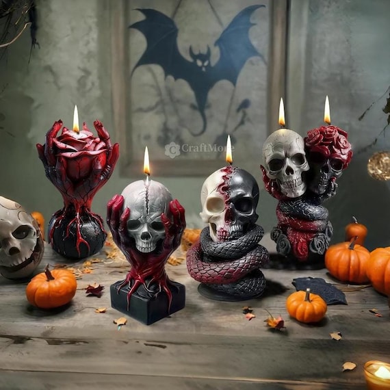 Halloween candle silicone mold-Hand-held skull/rose candle mold-Scented candle mold-Snake and skull pillar candle mold-Skull ornament mold