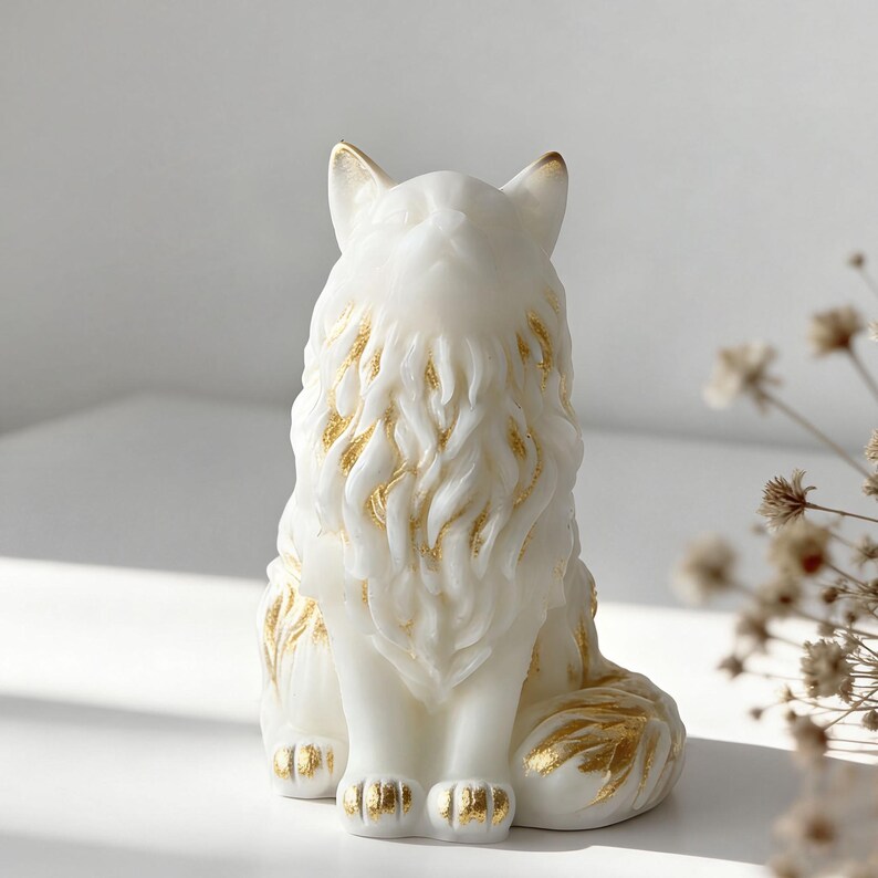 May include: A white cat figurine with gold accents. The cat is sitting upright with its tail curled to the side. The fur is detailed with gold leafing. The ears and paws are also touched with gold.