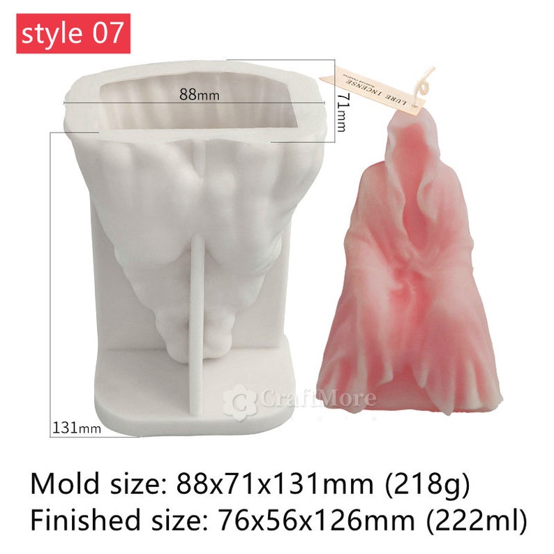 May include: A white silicone mold for making a candle in the shape of a hooded figure. The mold is 88mm wide, 71mm deep, and 131mm tall. A finished candle made from the mold is shown next to it. The candle is pink and has a hooded figure shape. The candle is 76mm wide, 56mm deep, and 126mm tall.