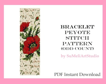 Patrón de pulsera de peyote amapolas, patrón de pulsera de puntada de peyote, patrón de cuentas de semillas, patrón PDF de peyote, patrón de pulsera de flores