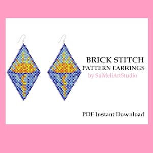 May include: A digital download pattern for brick stitch earrings featuring a sun and lightning bolt design in blue, yellow, and orange colors. The pattern is titled "Brick Stitch Pattern Earrings" by SuMeliArtStudio. PDF Instant Download.