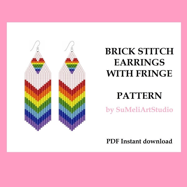 Rainbow brick stitch with fringe pattern earrings, Beadwork pattern, Beading patterns, Rainbow earrings, Fringe seed bead earrings patterns