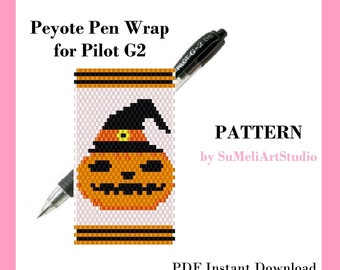 Halloween pumpkin peyote pen wrap pattern, Even cover patterns for G2 pen by Pilot, Jack o lantern seed bead patterns, Beading pattern