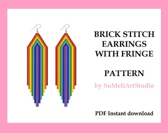 Rainbow earrings, Rainbow brick stitch with fringe pattern earrings, Beadwork pattern, Beading patterns, Fringe seed bead earrings patterns