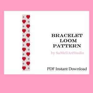 May include: A digital download pattern for a bracelet loom with a design of red hearts and white flowers. The pattern is titled "Bracelet Loom Pattern" by SuMeliArtStudio. The text "PDF Instant Download" is also included.