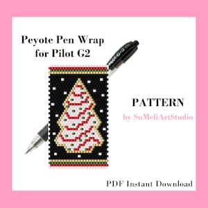 May include: A printable PDF pattern for a peyote stitch pen wrap featuring a Christmas tree design. The pattern is for a Pilot G2 pen.