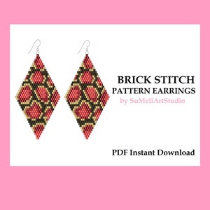 Snake Brick Stitch pattern for beaded earrings, Miyuki delica PDF earrings pattern, Beadwork pattern, Snake seed bead earrings patterns